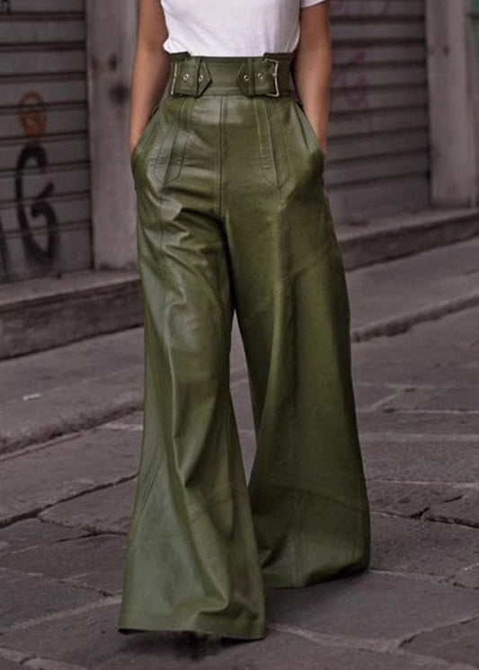 Modern Green Pockets High Waist Faux Leather Wide Leg Pants Spring