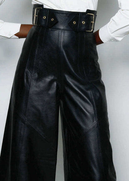 Modern Green Pockets High Waist Faux Leather Wide Leg Pants Spring