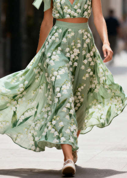 Modern Green Print Exra Large Hem Cotton Two Pieces Set Summer