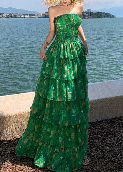 Modern Green Print Flattering Chiffon Long Holiday Dress Sleeveless