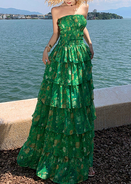Modern Green Print Flattering Chiffon Long Holiday Dress Sleeveless