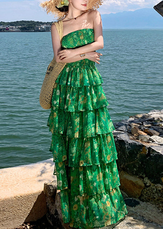 Modern Green Print Flattering Chiffon Long Holiday Dress Sleeveless