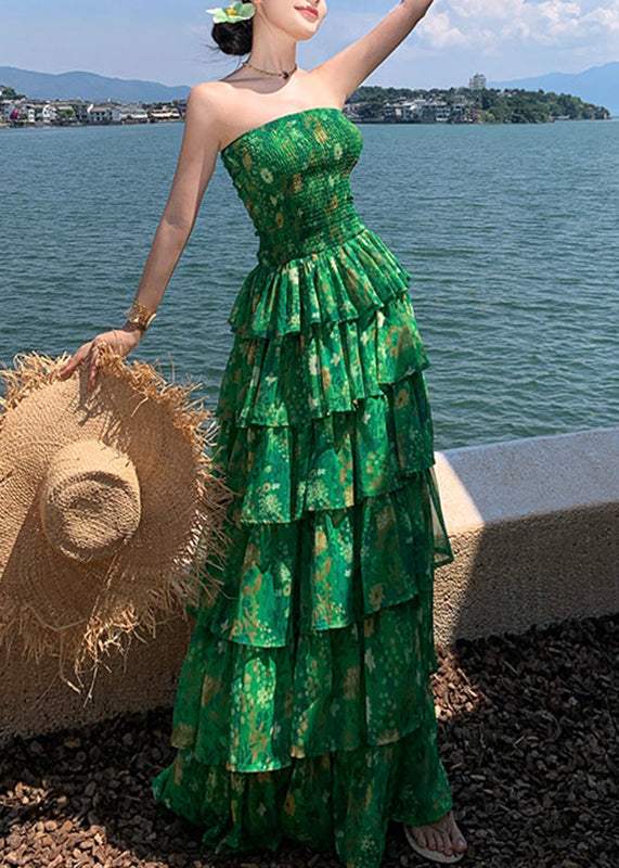 Modern Green Print Flattering Chiffon Long Holiday Dress Sleeveless