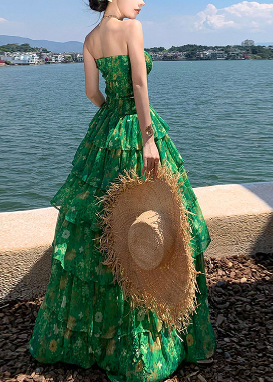Modern Green Print Flattering Chiffon Long Holiday Dress Sleeveless