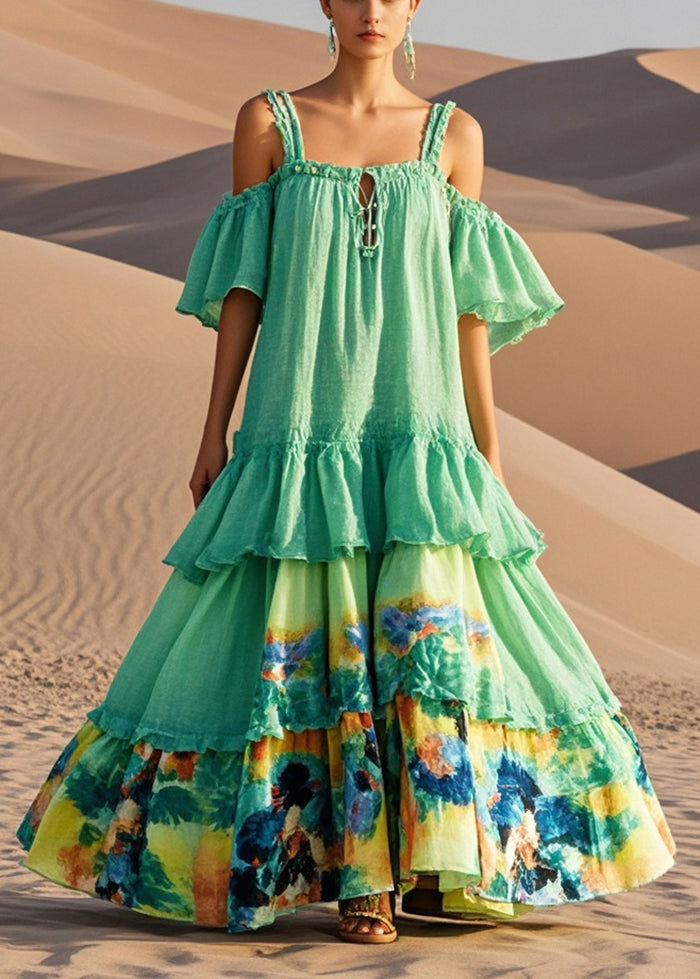 Modern Green Print Patchwork Cotton Sundress Summer