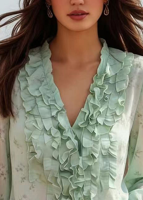 Modern Green Ruffled Print Chiffon Tops Spring