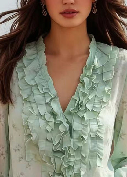 Modern Green Ruffled Print Chiffon Tops Spring