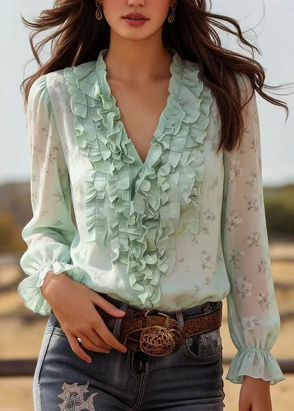 Modern Green Ruffled Print Chiffon Tops Spring