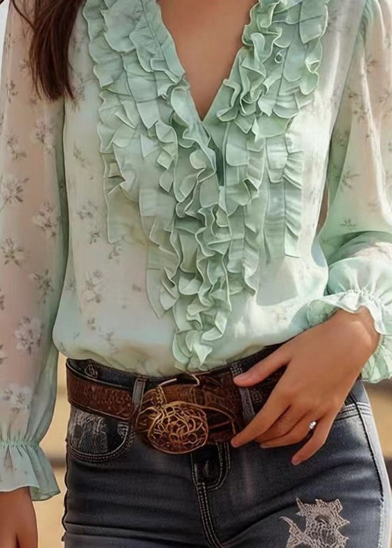 Modern Green Ruffled Print Chiffon Tops Spring