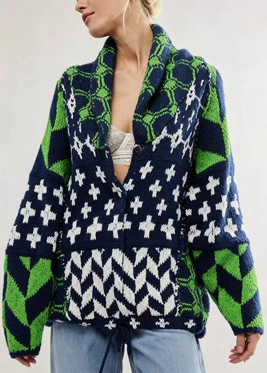Modern Green Turn-Down Collar Print Knit Cardigan Long Sleeve