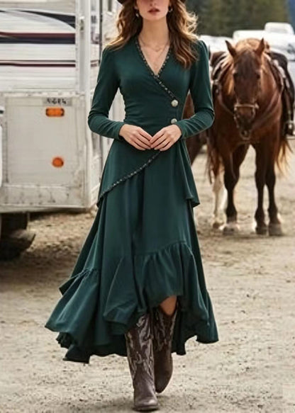 Modern Green V Neck Asymmetrical Design Cotton Party Dress Long Sleeve