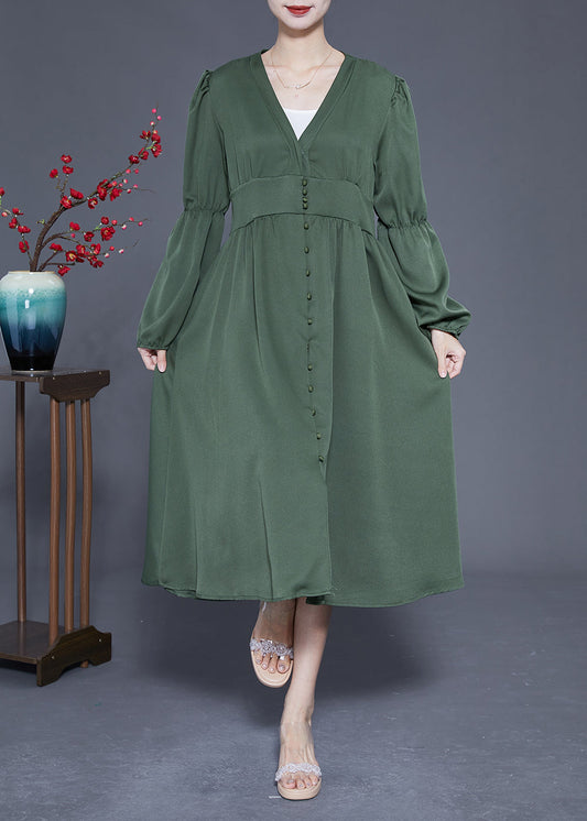 Modern Green V Neck Cinched Patchwork Button Silk Dress Spring