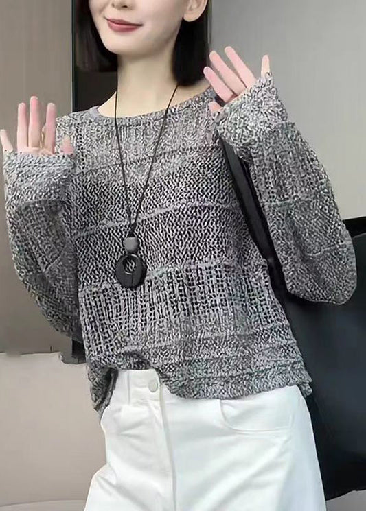 Modern Grey O Neck Hollow Out Knit Sweater Tops Fall