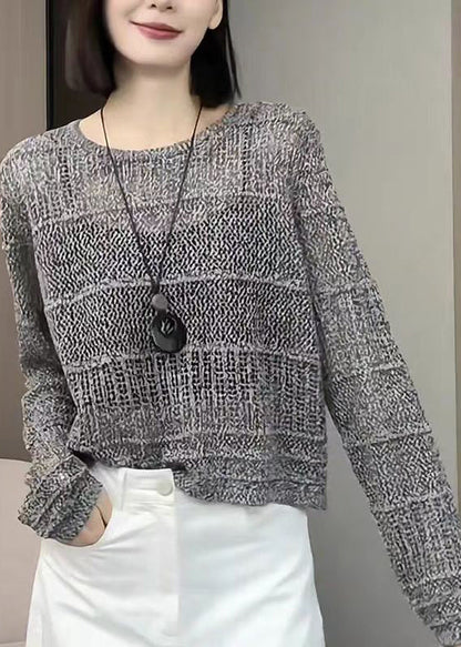 Modern Grey O Neck Hollow Out Knit Sweater Tops Fall