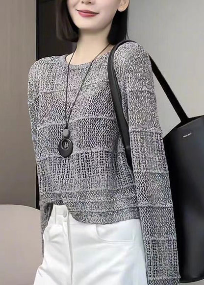 Modern Grey O Neck Hollow Out Knit Sweater Tops Fall