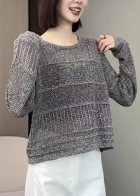 Modern Grey O Neck Hollow Out Knit Sweater Tops Fall