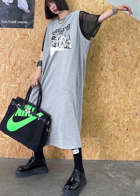 Modern Grey Print Cotton Sleeveless Summer Vacation Dresses - SooLinen