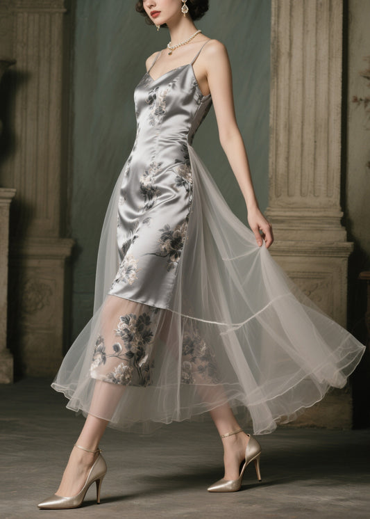 Modern Grey Print Patchwork Tulle Vestidos Dresses Summer