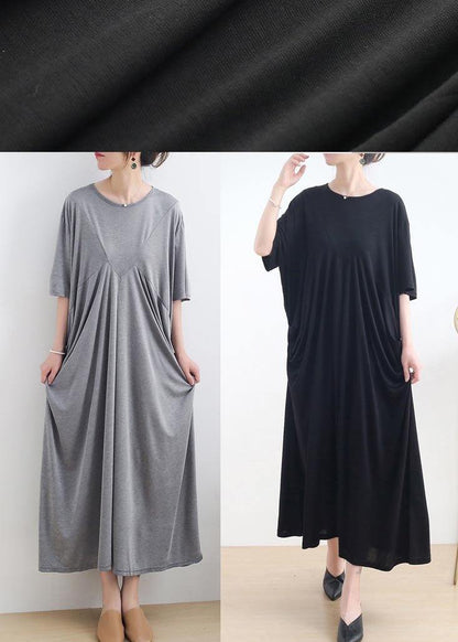 Modern Grey Short Sleeve Cotton Loose Summer Holiday Dress - SooLinen