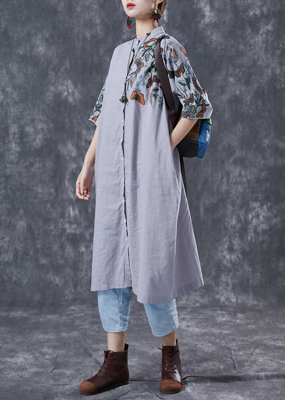Modern Grey Stand Collar Print Linen Long Dress Summer