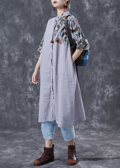 Modern Grey Stand Collar Print Linen Long Dress Summer