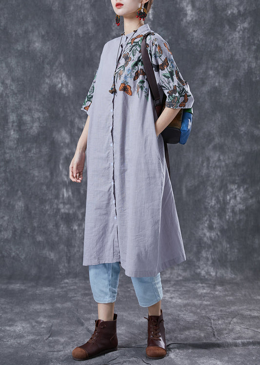 Modern Grey Stand Collar Print Linen Long Dress Summer
