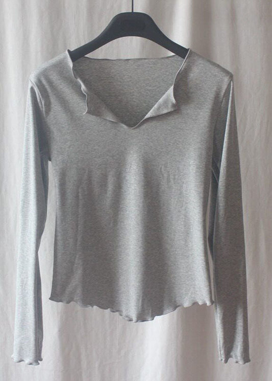 Modern Grey V Neck Ruffled Short Sleeve Yoga Top