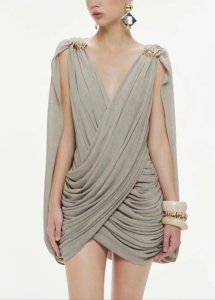 Modern Grey V Neck Wrinkled Mini Dress Summer