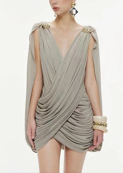 Modern Grey V Neck Wrinkled Mini Dress Summer