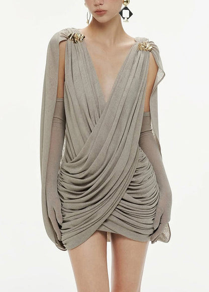Modern Grey V Neck Wrinkled Mini Dress Summer