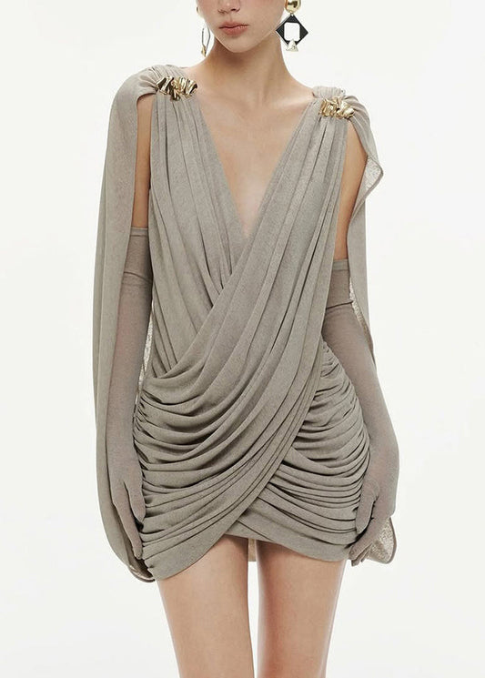 Modern Grey V Neck Wrinkled Mini Dress Summer
