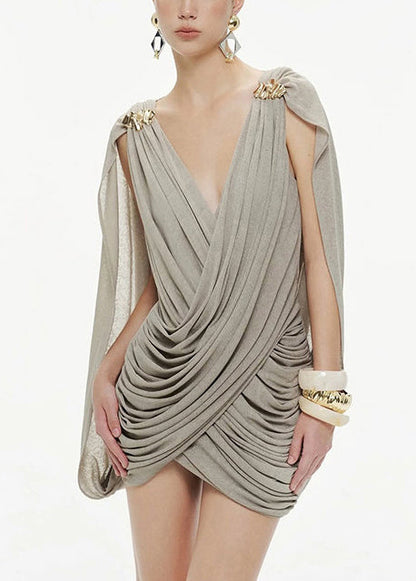Modern Grey V Neck Wrinkled Mini Dress Summer