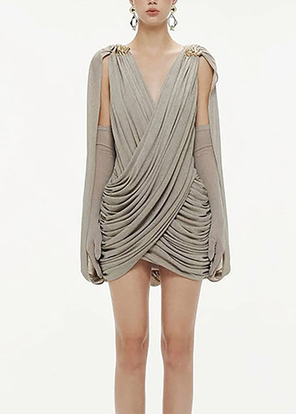 Modern Grey V Neck Wrinkled Mini Dress Summer