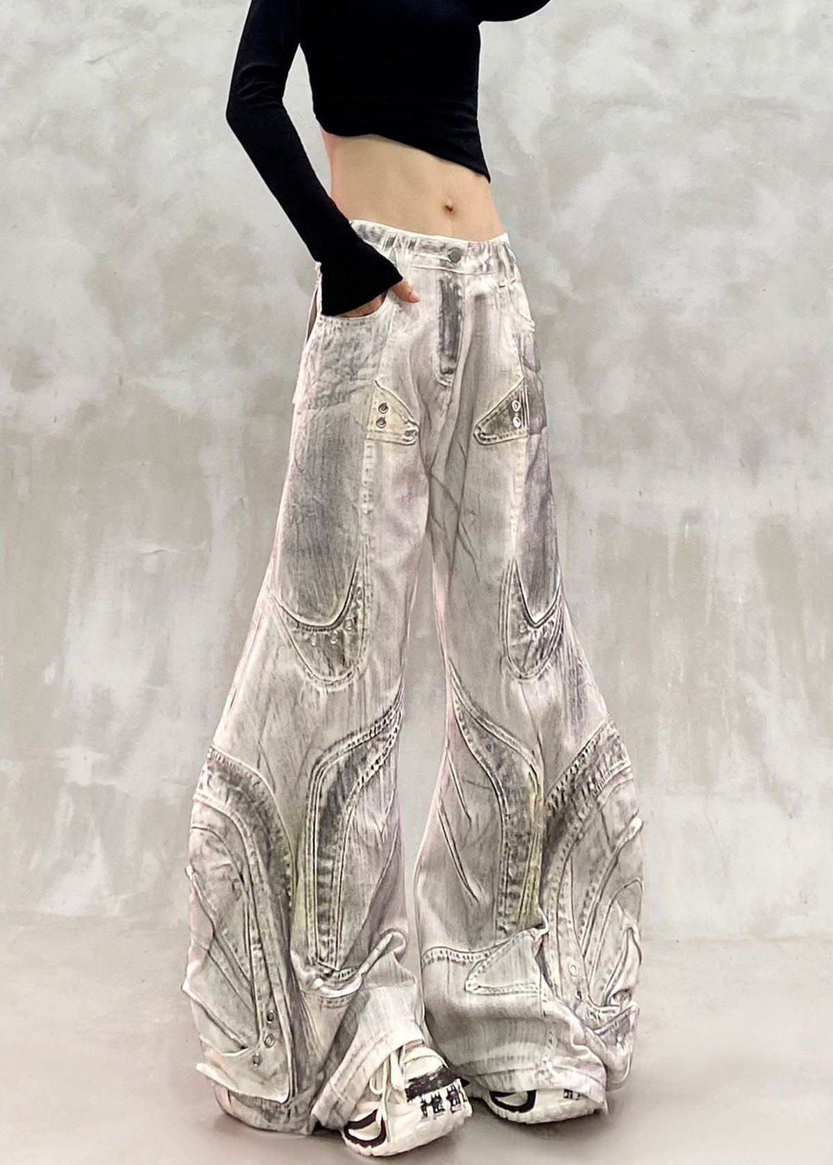 Modern Grey White High Waist Patchwork Denim Wide Leg Pants Fall