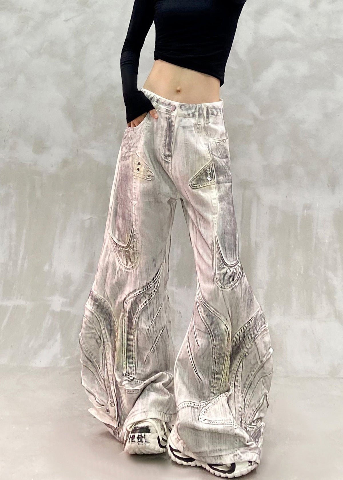 Modern Grey White High Waist Patchwork Denim Wide Leg Pants Fall