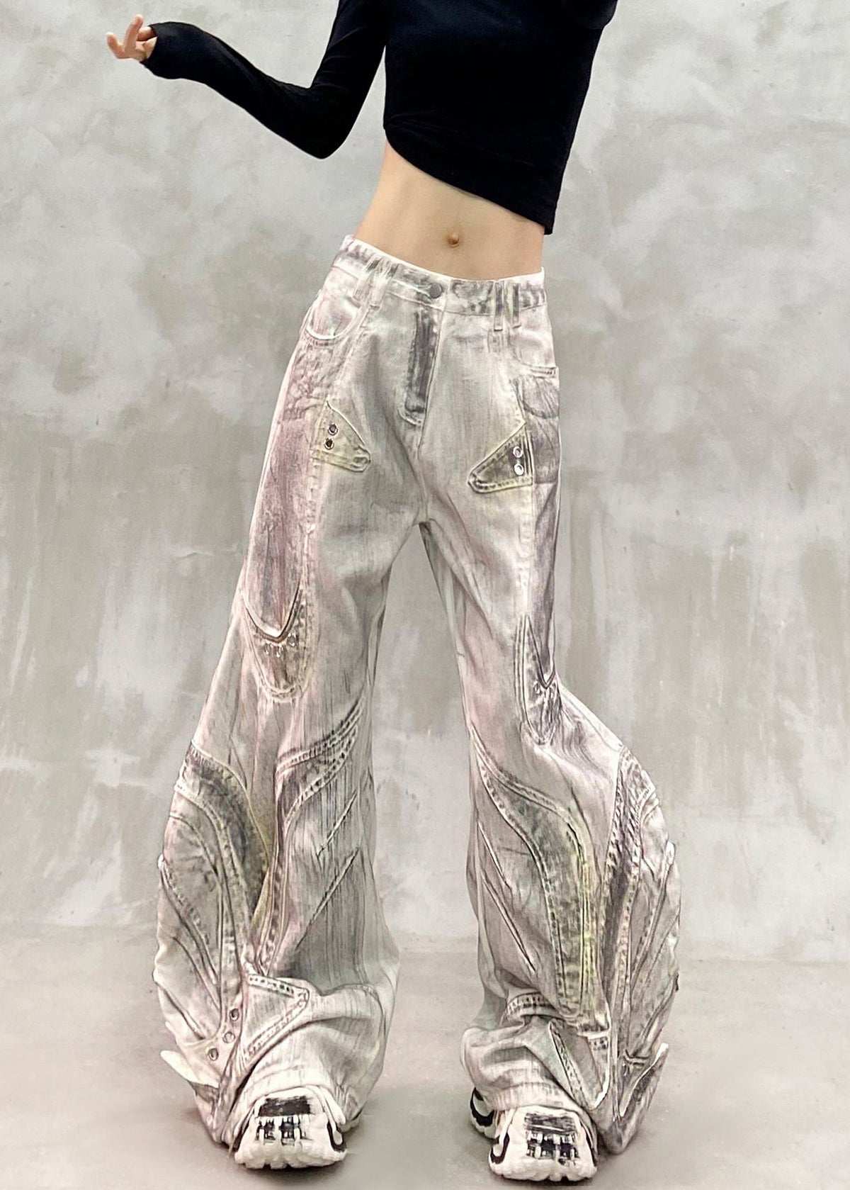 Modern Grey White High Waist Patchwork Denim Wide Leg Pants Fall