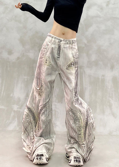 Modern Grey White High Waist Patchwork Denim Wide Leg Pants Fall
