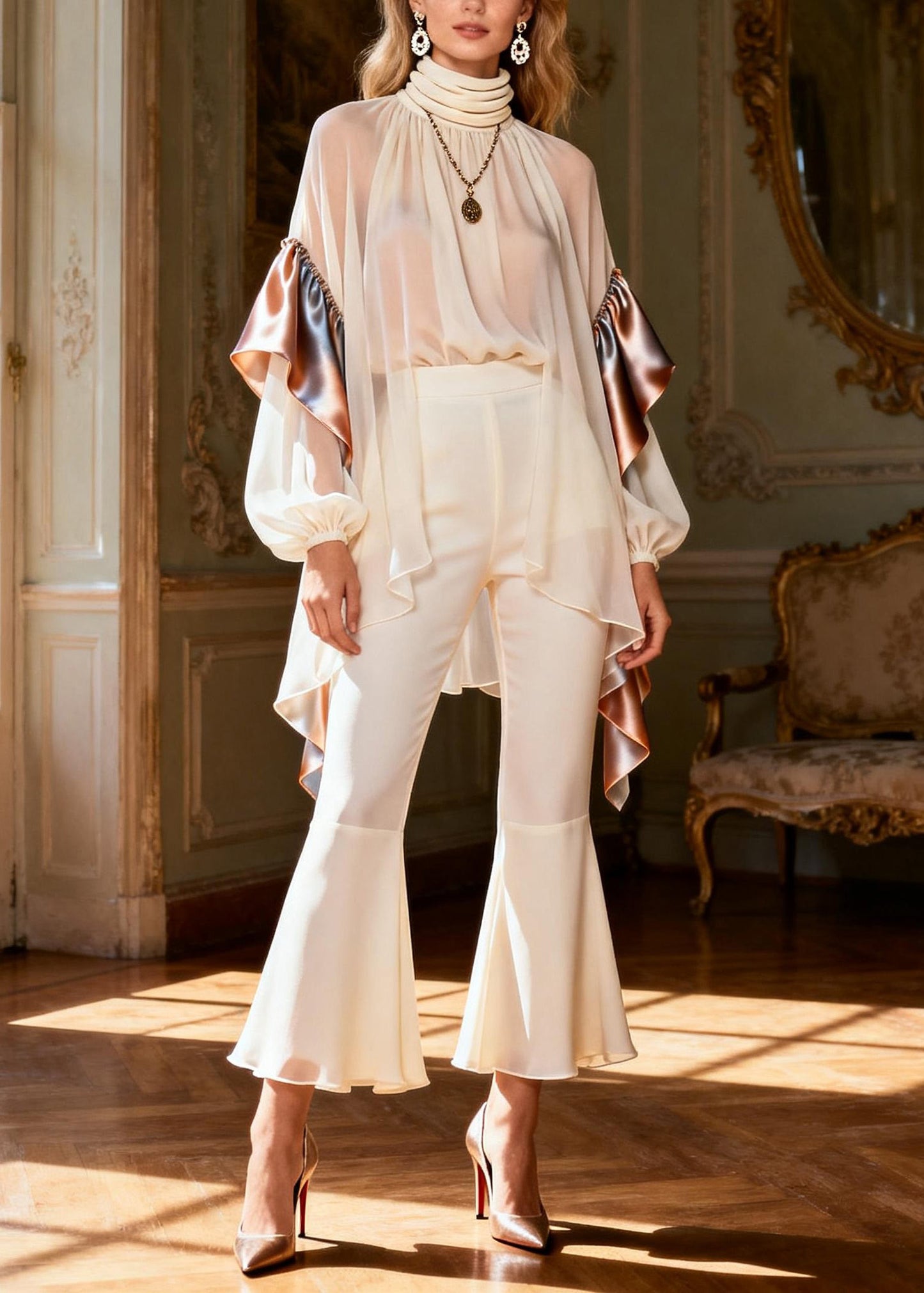 Modern High Neck Ruffled Patchwork Silk Two-Piece Set Spring