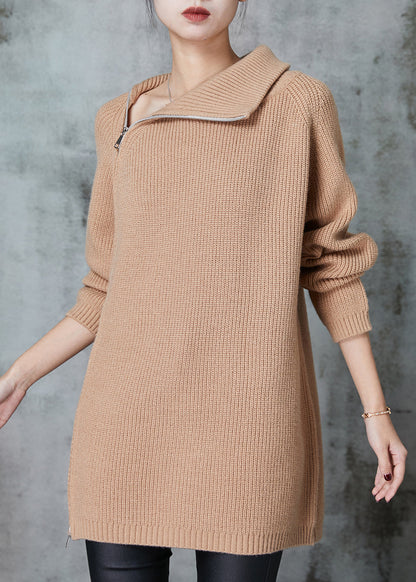 Modern Khaki Asymmetrical Zippered Knit Sweater Tops Spring
