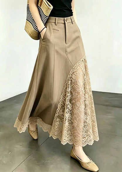 Modern Khaki High Waist Patchwork Lace Skirt Summer