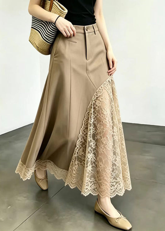 Modern Khaki High Waist Patchwork Lace Skirt Summer