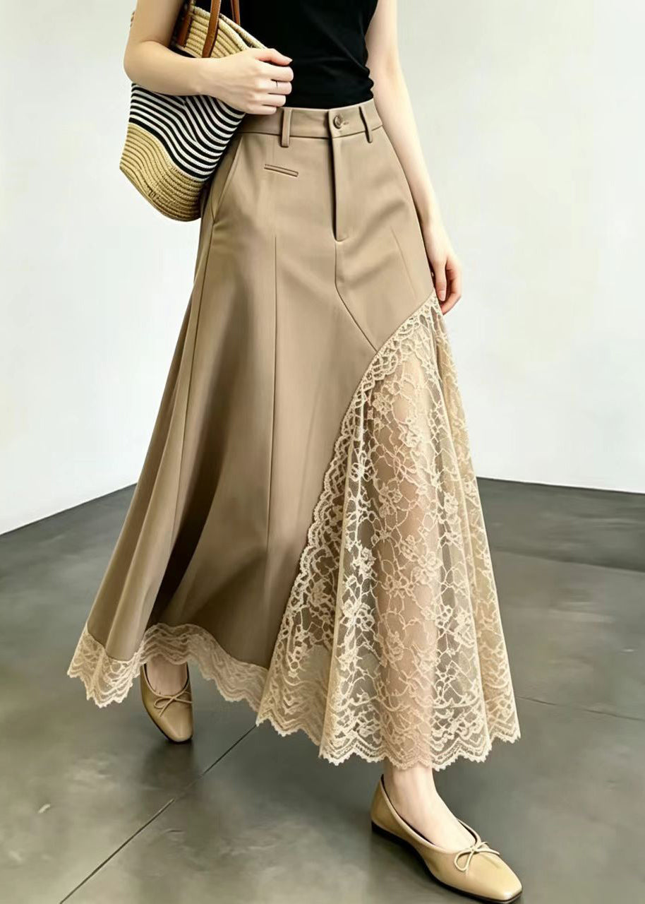 Modern Khaki High Waist Patchwork Lace Skirt Summer