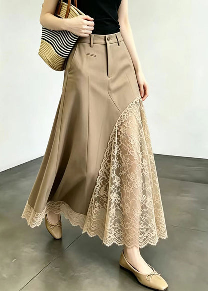 Modern Khaki High Waist Patchwork Lace Skirt Summer
