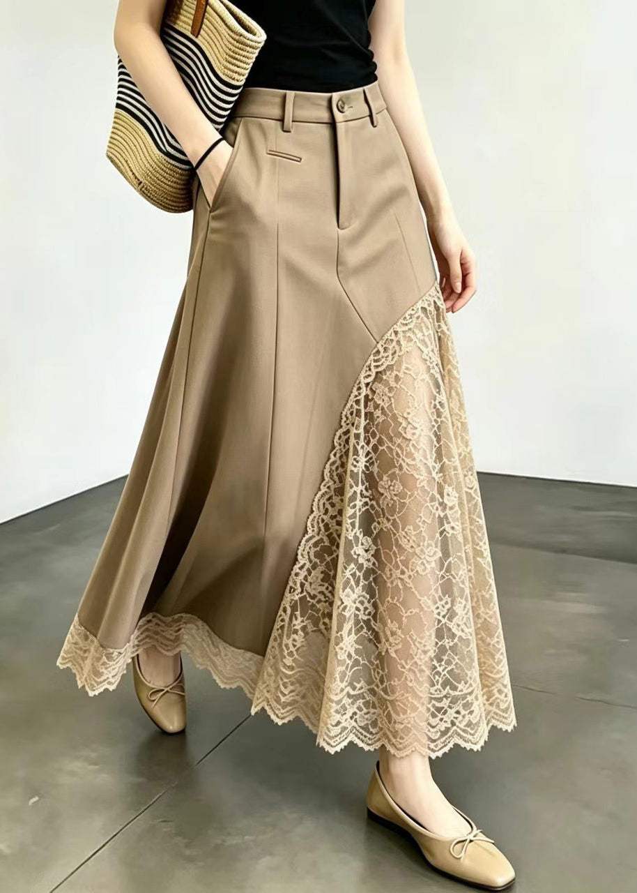 Modern Khaki High Waist Patchwork Lace Skirt Summer