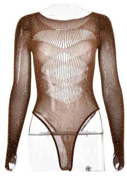 Modern Khaki Hollow Out Rhinestone One Piece Workout Suit