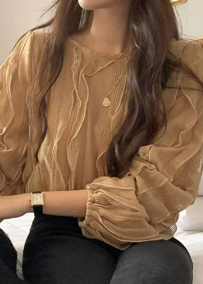 Modern Khaki O-Neck Ruffled Patchwork Top Fall