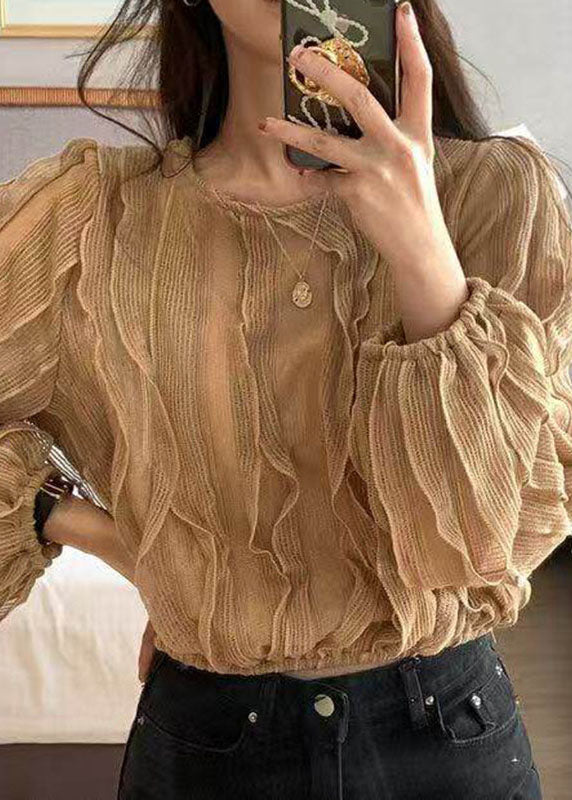 Modern Khaki O-Neck Ruffled Patchwork Top Fall