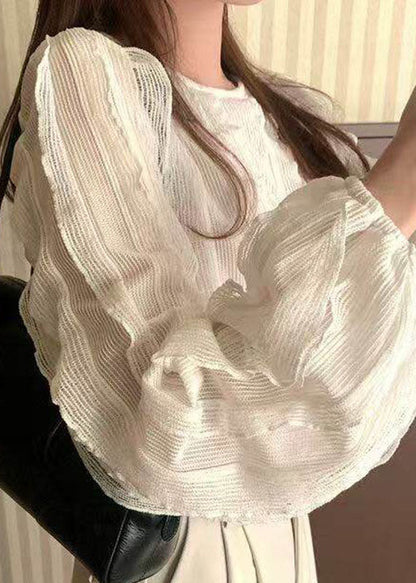 Modern Khaki O-Neck Ruffled Patchwork Top Fall