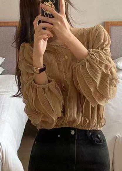Modern Khaki O-Neck Ruffled Patchwork Top Fall
