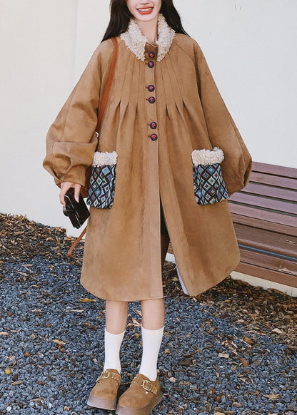 Modern Khaki Oversized Patchwork Fleece Wool Lined Jackets Winter